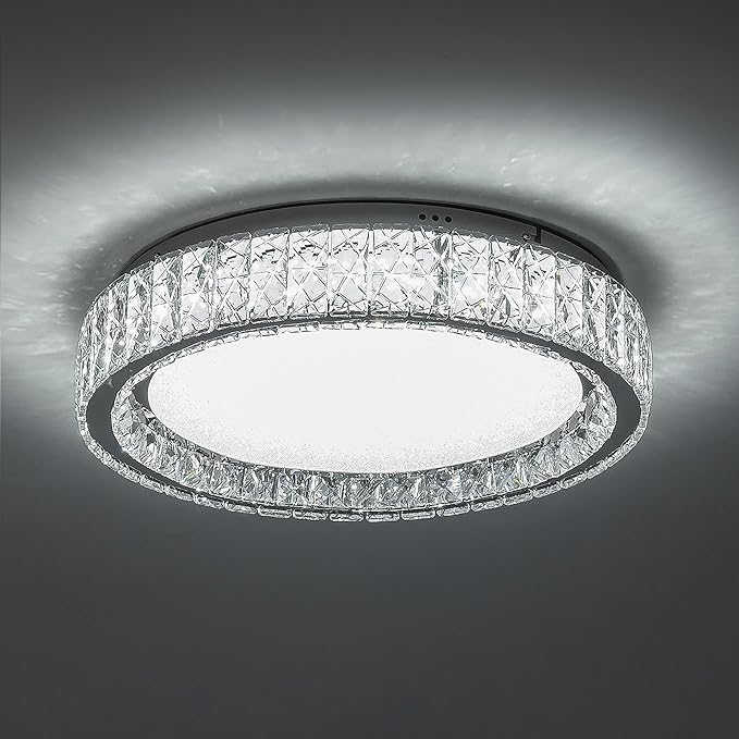 LamQee Crystal Flush Mount Ceiling Light Fixture, Dimmable LED Modern Close to Ceiling Light, Hallway Light Fixtures Round Ceiling Chandelier for Bedroom Kitchen Bathroom Closet Foyer, Small, 9.8 inch