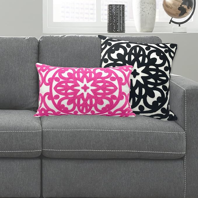 Alysheer Embroidered Lumbar Decorative Throw Pillow Cover 12"x 20", Classic Boho Mandala Embroidery Pattern Cotton Rectangular Cushion Case for Sofa Couch Living Room Bedroom(Bright Hot Pink)