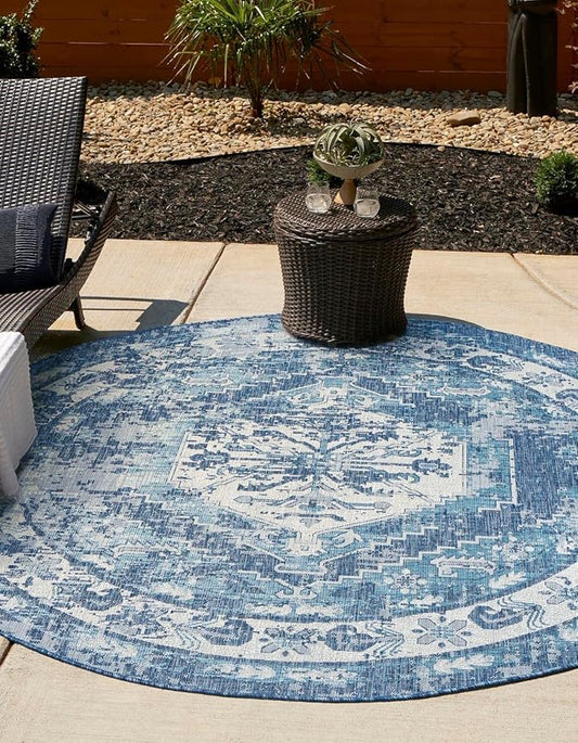 Unique Loom Outdoor Traditional Collection Area Rug - Valeria (5' 3" Round, Blue/ Ivory)