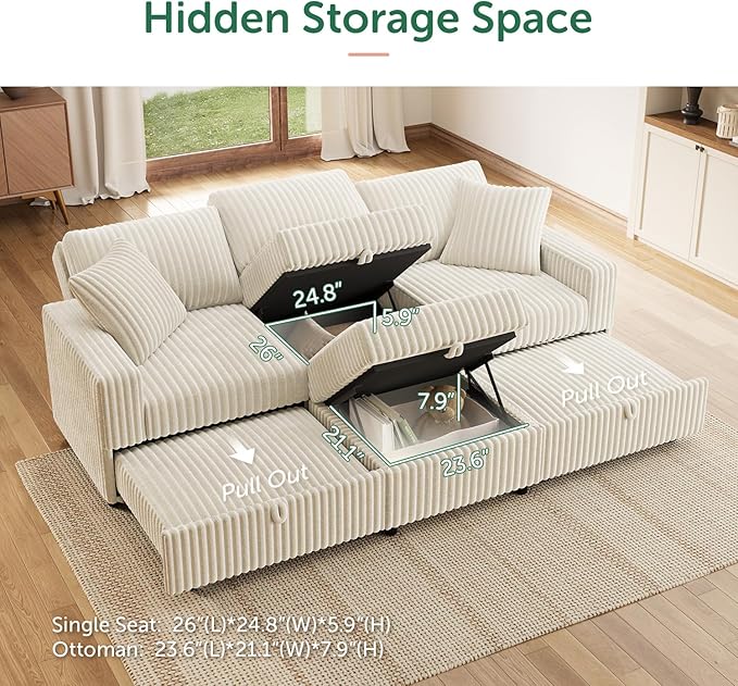 HONBAY Sectional Sleeper Sofa with Pull Out Bed, L Shaped U Shaped Couch with Storage Ottoman, Velvet White