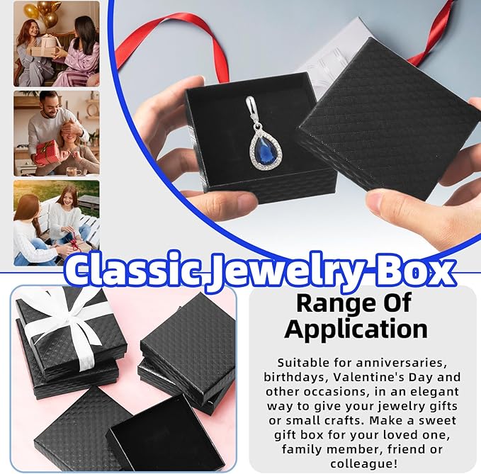 Glarks 12Pcs Black 9 x 9 x 3CM Cardboard Jewelry Gift Boxes with Pink Scissors and 1.5 x 225CM Red Polyester Ribbon Set, Diamond Pattern Necklace Earring Bracelet Boxes Gift Case Ideal
