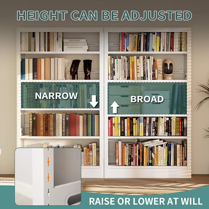 71" Metal Book Shelf, 5 Tier Bookshelf with Adjustable Shelves, Bookshleves and Bookcases, Heavy Duty Library Book Case, Expandable Combination Bookshelf (White, 72.8" W)