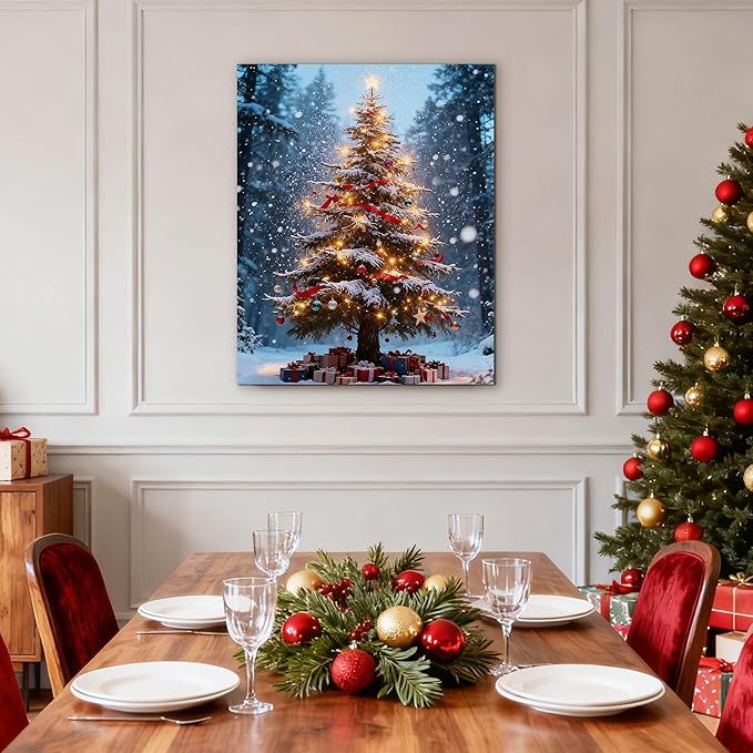 Framed Christmas Pictures Wall Decor,Vintage Pine Tree Prints,Winter Christmas Canvas Wall Art Decoration for Bedroom Bathroom Living Room Rustic Xmas Holiday Gifts (Christmas Tree 16, 16'' X 20'')