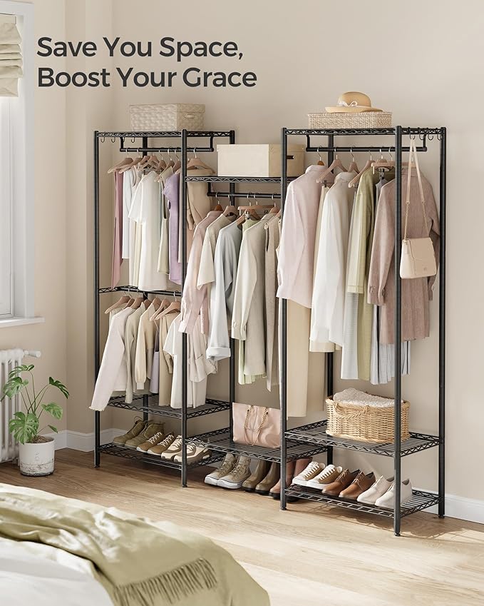 SONGMICS Portable Wardrobe Closet Heavy Duty Clothes Rack, Freestanding Closet Organizer,15.8 x 68.9 x 70.9 inches,Metal Garment Rack with Adjustable Wire Shelves, Dividable, Ink Black ULGR431B01
