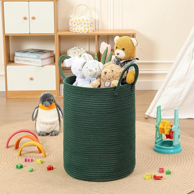 80L Large Woven Laundry Basket Hamper, 100% Natural Cotton Rope, Handwoven & Durable, Storage for Blankets, Toys, Clothes, Decorative Nursery Hamper for Living Room, Baby Room, Bedroom (Dark Green)