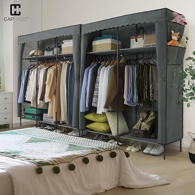 CAPHAUS 55-Inch Clothing Rack with Cover, Portable Closet Wardrobe, Covered Garment Rack for Hanging Clothes, 190LB Capacity Heavy-Duty Metal Frame Clothes Organizer Rack with Storage Shelves
