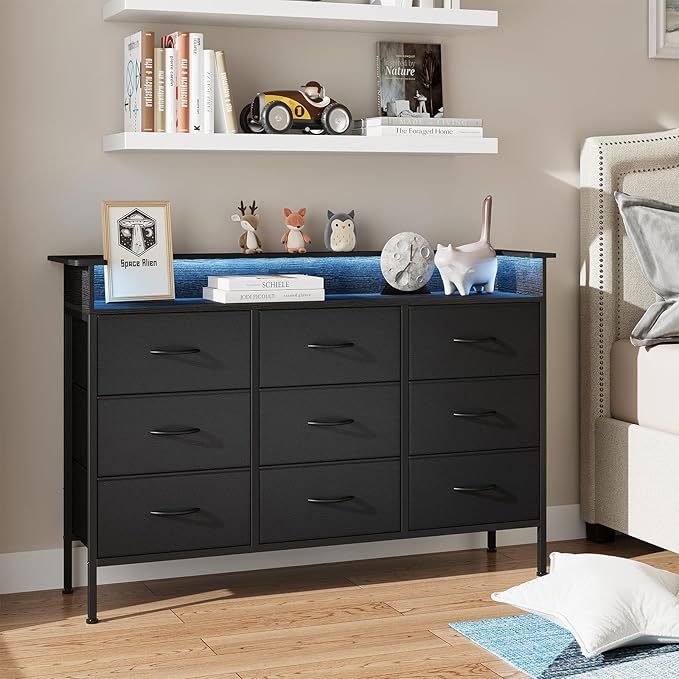 ELYKEN Black Dresser for Bedroom with LED Light & Charging Station, 9 PU Finish Fabric Drawers Dressers & Chest of Drawer with USB Outlet for for Entryway Closet Living Room Hallway