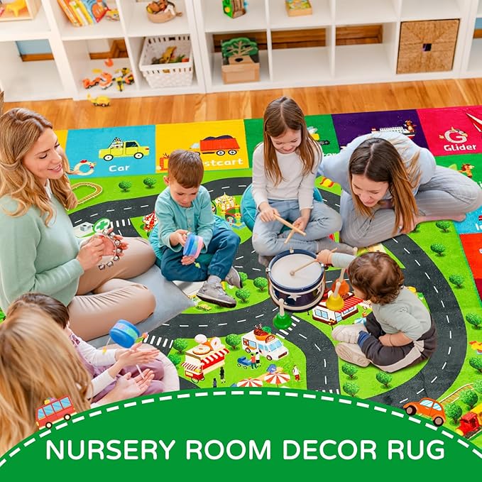 Kids Rugs Traffic Road Carpet Play Rug 118"×78.7" for Playroom Transportation ABC Educational Mat Alphabet Area Rug, Kid Playtime Collection Toddler Car Track Rug Cute Cartoon Animal Letters