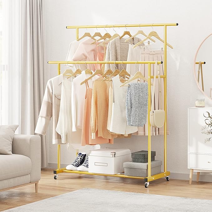 Calmootey Double Rod Clothing Garment Rack,Rolling Hanging Clothes Rack,Portable Clothes Organizer for Bedroom,Living Room,Clothing Store,Gold