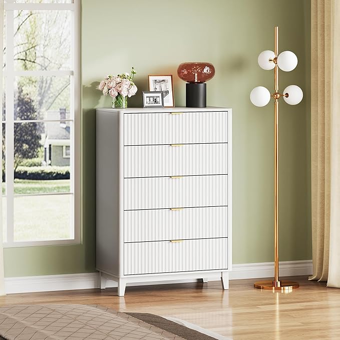 WLIVE Fluted Dresser for Bedroom with 5 Drawers, 46.26" Tall Wood Dresser with Golden Metal Handles, Mid Century Modern Chest of Drawers for Living Room, Hallway, Closet, Solid White