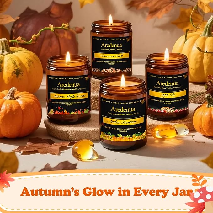 Fall Candles Set | 4 Pack Autumn Scented Candles, Soy Candles for Home Scented, Cozy Seasonal Candle Gifts for Women Men - Fall Scents of Cinnamon Roll/Pumpkin/Autumn Leaves/Apple Pie