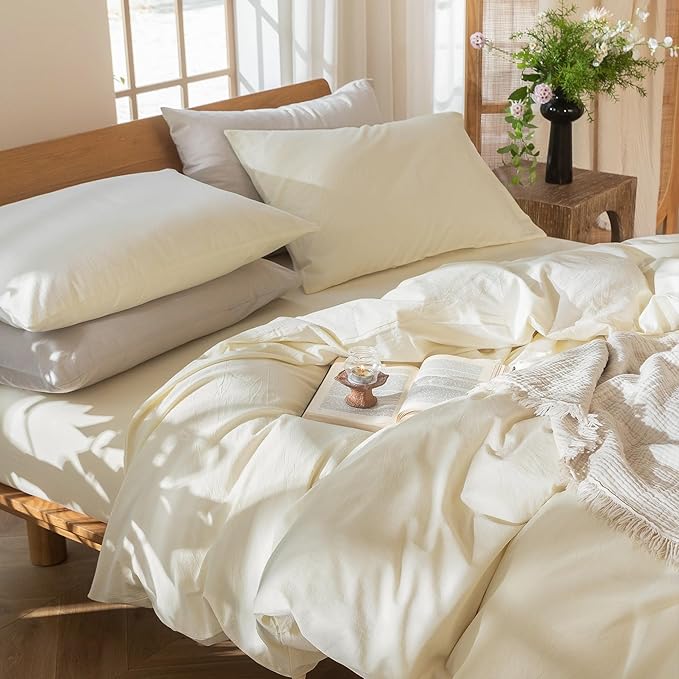 MooMee Bedding Duvet Cover Set 100% Washed Cotton Linen Like Textured Breathable Durable Soft Comfy (Solid Cream White, Cal King 104"x98")