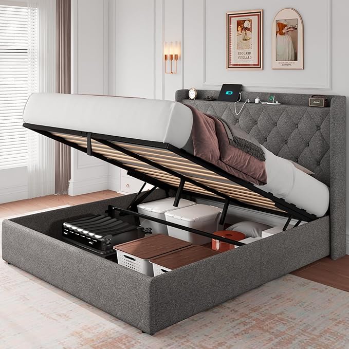 iPormis Queen Size Lift Up Storage Bed Frame with Charging Station, Upholstered Platform Bed Frame with Tufted Headboard, Hydraulic Storage, No Box Spring Needed, Noise-Free, Easy Assembly, light Grey