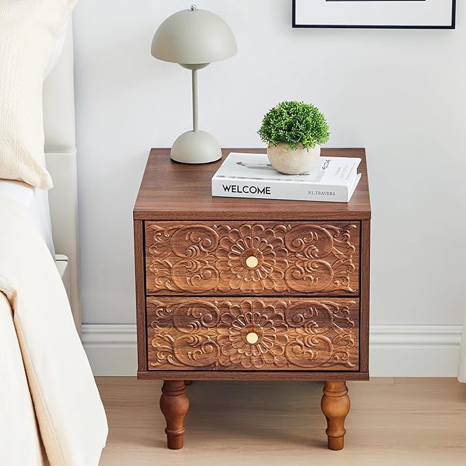 Nightstand, Farmhouse Bedside Table with 2 Drawers and Metal Handles, Wood Sofa Side Table End Table Accent Dresser for Bedroom, Living Room (Walnut-2 Packs)