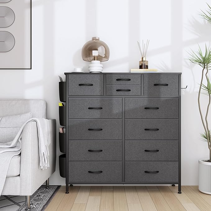 Lulive Dresser for Bedroom with 12 Drawers, Tall Dresser Chest of Drawers with Side Pockets and Hooks, Fabric Dresser Storage Tower for Closet, Hallway, Living Room (Dark Grey)