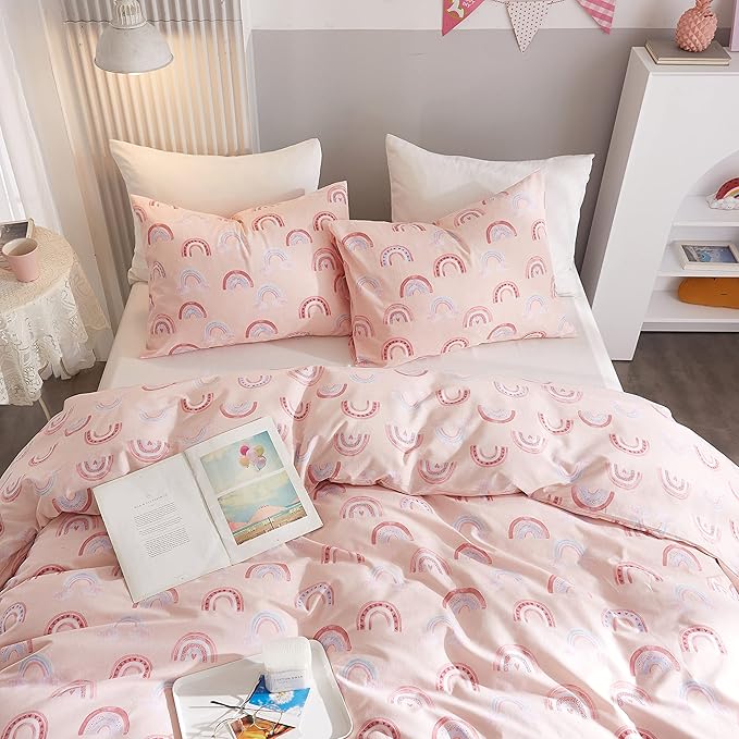 Ivellow Twin Duvet Cover Bed Set 100% Cotton Rainbow Pink for Girls Cute Kawaii Bedding Set 3 Pcs Ultra Soft Breathable Toddler Teen Kids Patterned Cartoon Comforter Cover.