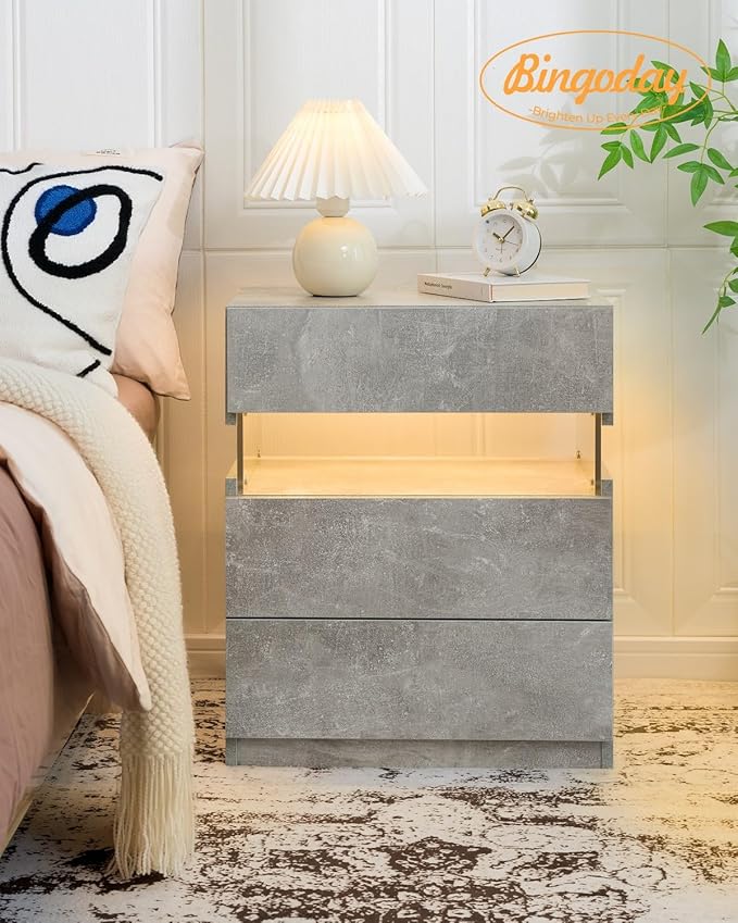Bingoday LED Nightstands Set of 2 LED Bedside Tables with 3 Drawers Modern Night Stand with Acrylic Board Night Stand Set 2 for Bedroom