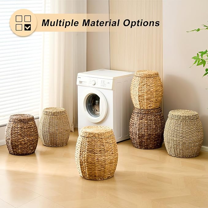 Round Wicker Basket with Lid, Handwoven Hyacinth Storage Basket, Blanket Organizer Basket for Laundry, Bathroom, Bedroom, Living Room, Office