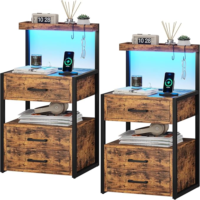 AOGLLATI Nightstand Set of 2 with Charging Station and LED Lights, Bedside Table with 3 Drawers and Open Storage Shelves, 2 USB Ports and 2 AC Outlets, LED Night Stand for Bedroom, Rustic Brown