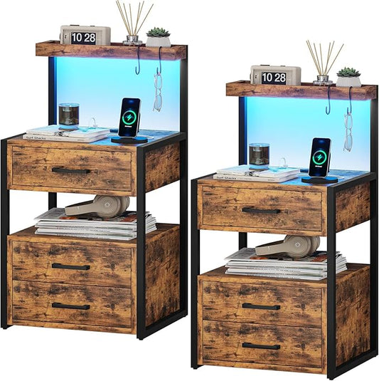AOGLLATI Nightstand Set of 2 with Charging Station and LED Lights, Bedside Table with 3 Drawers and Open Storage Shelves, 2 USB Ports and 2 AC Outlets, LED Night Stand for Bedroom, Rustic Brown