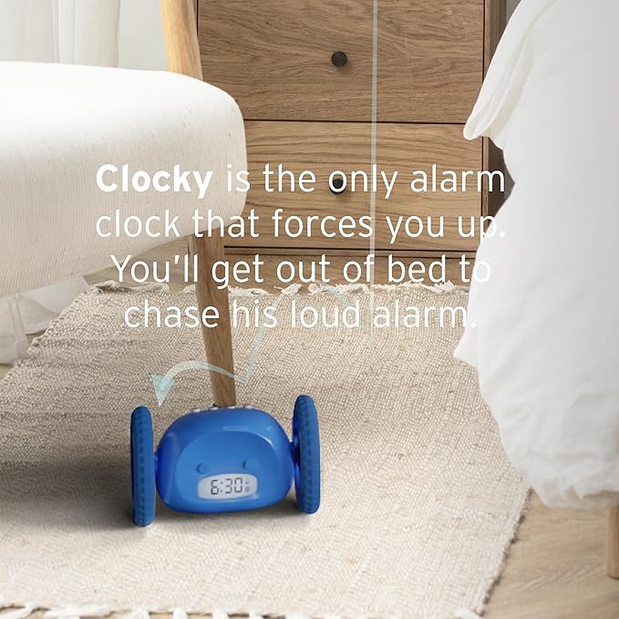 CLOCKY Extra Loud Alarm Clock for Heavy Sleepers on Wheels Rolls Runaway Vibrating Easy To Set Super Smart Snooze Digital Bed Shaker Alarm Clock Funny Gift for Adults Kids Teens Bedrooms (Blue Wheels)