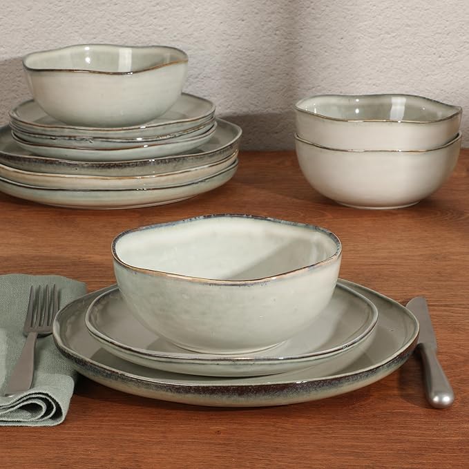 Gibson Elite Nardini 12 Piece (Service for 4) Plates and Bowls Reactive Glaze Dishes Stoneware Ceramic Dinnerware Set - Moon White