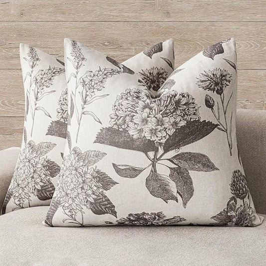 Foindtower Set of 2 Linen Floral Vintage Throw Pillow Covers Neutral Accent Decorative Cushion Covers Farmhouse Boho Home Decor for Sofa Chair Couch Bedroom Living Room Outdoor,18×18 Inch,Light Gray