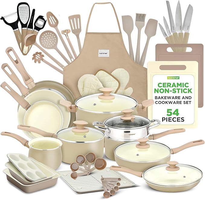 Nutrichef 54-Piece Marble Non-Stick Cookware and Bakeware Set, Professional Home Kitchen Collection with Multi-Sized Pots, Pans, and Heat-Resistant Tools