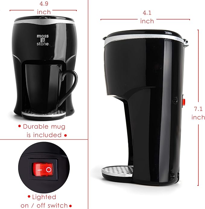 Moss & Stone Mini Drip Coffee Maker with Mug, Small Coffee Pot With Coffee Cup, Mini Coffee Maker, One Cup Coffee Maker (1 Drip & 4oz Mug)