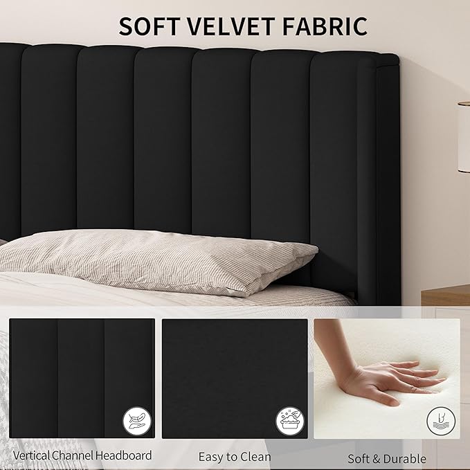 Full Size Upholstered Platform Bed Frame with Modern Wingback & Vertical Panel Headboard, Linen Fabric, Wooden Legs & Slats Support, No Box Spring Needed, Noise-Free & Easy Assembly, Black