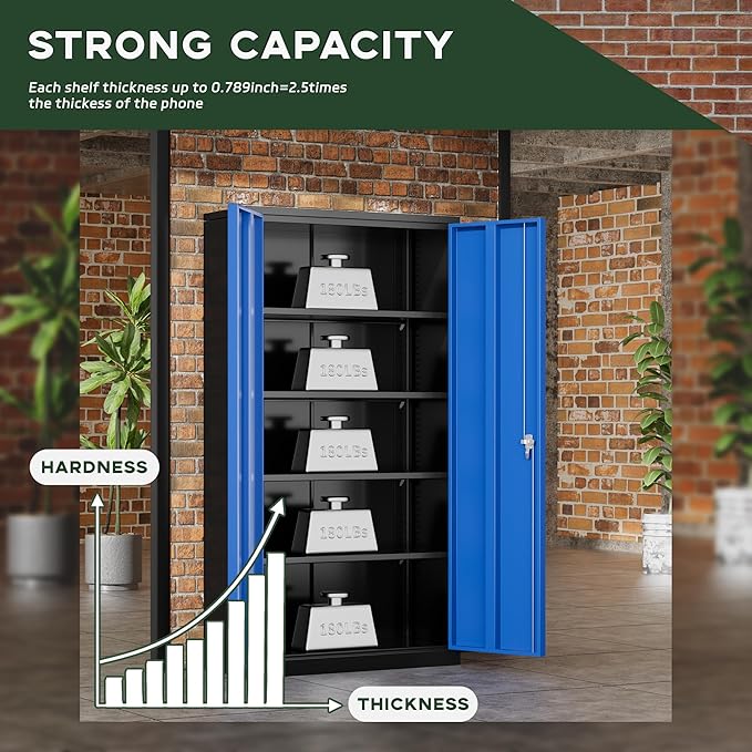 Greenvelly Metal Garage Storage Cabinet with Doors and Adjustable Shelves,72" Steel Lockable File Cabinet for Home Office,Garage,School(Black Blue,32" W x 16" D)