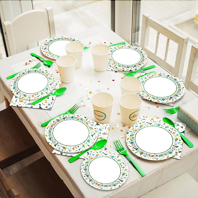 Wiooffen 96 Pc Dinosaur Party Plates, Napkins, Watercolor Birthday Tableware Supplies Set - Cartoon Dinosaur Disposable Dinnerware Decoration for 24 Guests