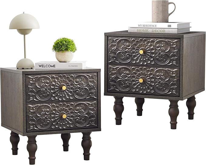 Nightstand, Farmhouse Bedside Table with 2 Drawers and Metal Handles, Wood Sofa Side Table End Table Accent Dresser for Bedroom, Living Room (Grey-2 Packs)