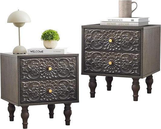 Nightstand, Farmhouse Bedside Table with 2 Drawers and Metal Handles, Wood Sofa Side Table End Table Accent Dresser for Bedroom, Living Room (Grey-2 Packs)