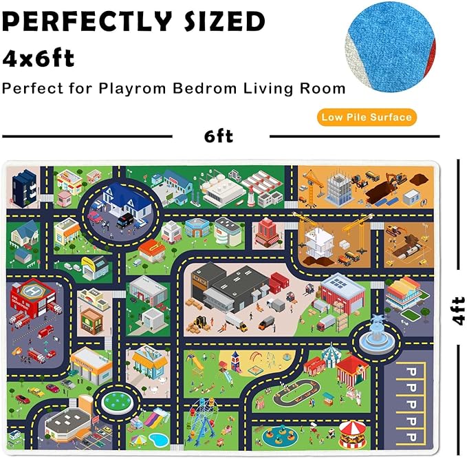 Kids Rug Playroom Car Rug Play Mat City Life Road Rug for Cars Fun City Map for Track Toys,Carpet for Bedroom Boys (city01, 4×6ft/47×70in)