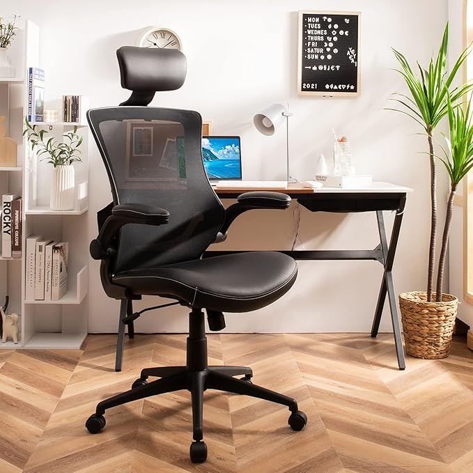 POWERSTONE Ergonomic Office Chair with Thickened Leather Seat, Mesh Desk Chair with Adjustable Headrest Lumbar Support and Flip-up Armrests for Home, Office, Study