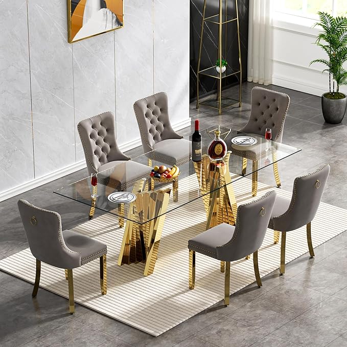 7 Piece Dining Table Set with 6 Grey Dining Chairs, Modern Glass Kitchen Table and Chairs Set for 6, 70" Rectangle Gold Glass Pedestal Dining Room Tables with Flash-Shape Stainless Steel Base