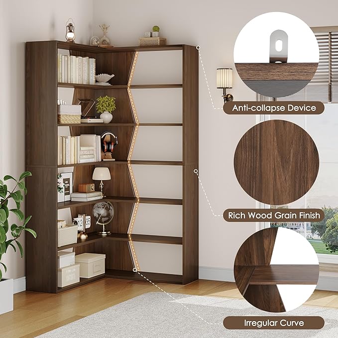 6-Tier Corner Bookshelf, Modern Bookshelf and Bookcase, Tall Bookcase Open Display Storage, L Shaped Corner Shelf for Library, Living Room, Home Office, Rustic Brown