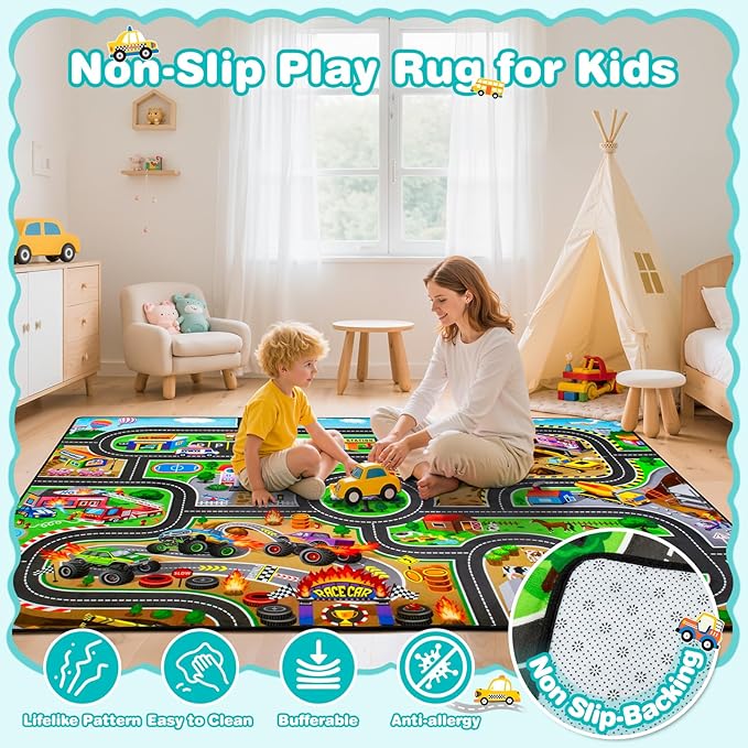 Kids Rug, 5' x 7' FT Non-Slip Monster Truck Play Rug, Extra Thick (0.4in), Educational LearningTraffic Road Car Carpet for Nursery, Classroom, Playroom & Bedroom