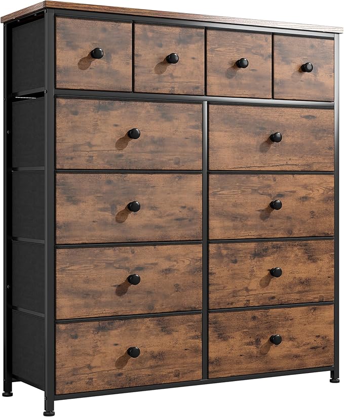 Dresser for Bedroom with 12 Drawers Tall Dressers for Bedroom Fabric Dressers & Chest of Drawers with Sturdy Metal Frame, Wood Top, for Woman, Closet, 40.6" W x 11.8" D x 44.5" H (Rustic Brown)