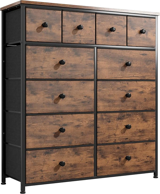 Dresser for Bedroom with 12 Drawers Tall Dressers for Bedroom Fabric Dressers & Chest of Drawers with Sturdy Metal Frame, Wood Top, for Woman, Closet, 40.6" W x 11.8" D x 44.5" H (Rustic Brown)