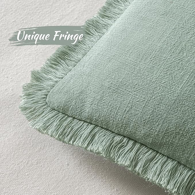MIULEE Decorative Throw Pillow Covers Neutral Linen Fringe Throw Pillows Set of 2 Aqua Green Boho Farmhouse Cushion Covers with Tassels for Couch Sofa Bed Living Room Spring Home Decor 20x20 Inch
