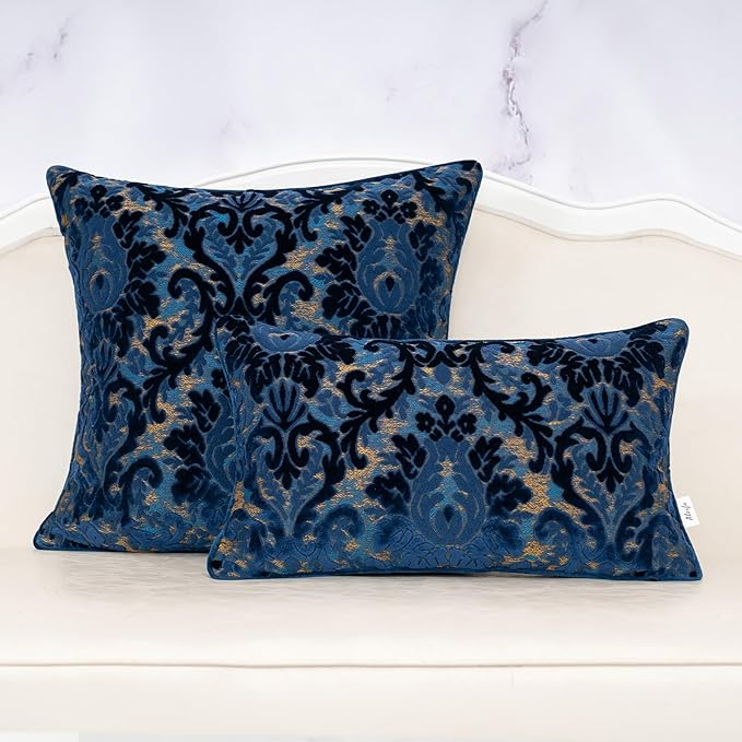 Alerfa Boho Blue Floral Throw Pillow Cover 18x18 Inch Cut Velvet Sqaure Luxury Embroidered Decorative Pillow Cover for Couch Living Room Bedroom