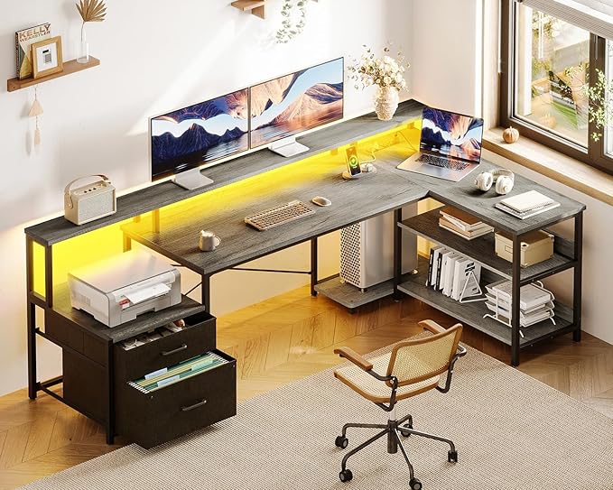 ODK L Shaped Desk with File Drawer, 75" Reversible L Shaped Computer Desk with Power Outlet & LED Strip, Office Desk with Storage Shelves, Gaming Desks with Monitor Shelf, Corner Table, Grey Oak