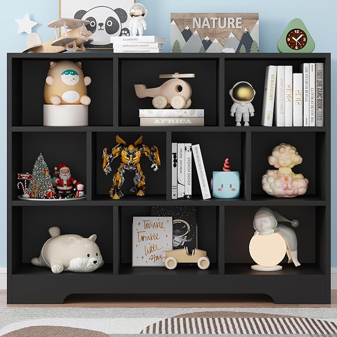Book Shelf for Kids, 10 Cubes Storage Organizer Montessori Bookshelf, 3-Tier Wooden Kids Bookcase, Toy Storage Organizer for Children, Black Toddler Bookshelf Cube Shelf for Kid’s Room, Classroom