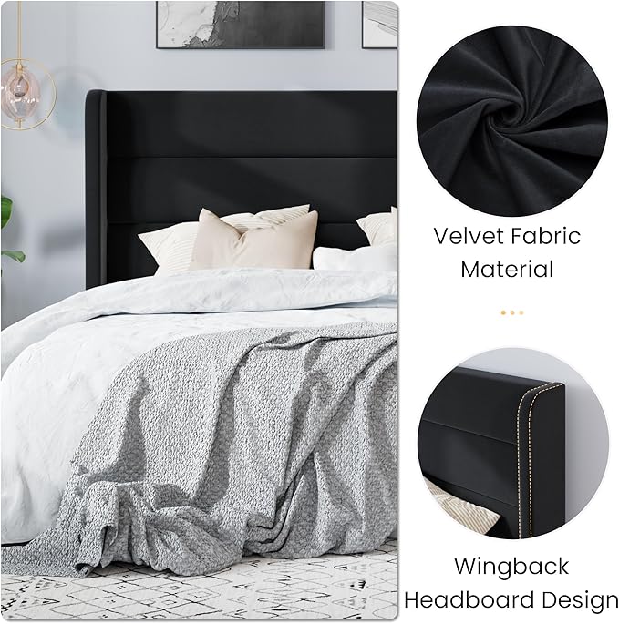 SHA CERLIN Full Size Velvet Bed Frame/Vertical Channel Tufted Wingback Headboard/Upholstered Platform Bed with Wooden Slats/Mattress Foundation/No Box Spring Needed/Easy Assembly/Black