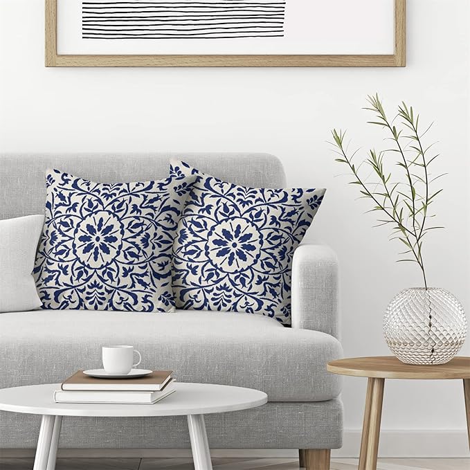 Navy Blue Boho Pillow Covers 16x16 Set of 2, Bohemian Ethnic Carpet Pattern Design Decorative Outdoor Throw Pillows Linen Blue Print Farmhouse Cushion Pillow Covers for Sofa Couch Outdoor Decor