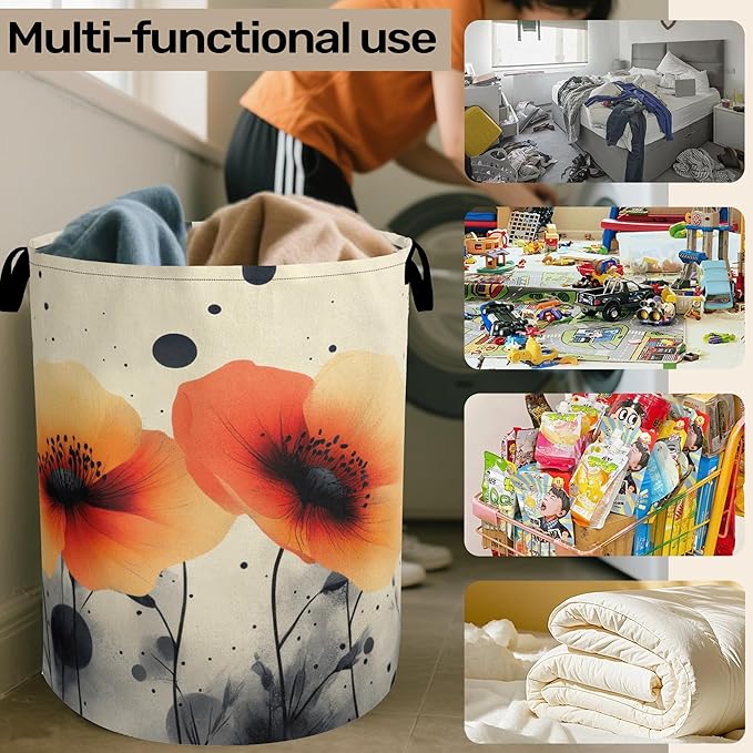 Orange Flowers Painting Laundry Basket - Heavy Duty 60L Dirty Clothes Organizer, Water Resistant Foldable Hamper for Men Women