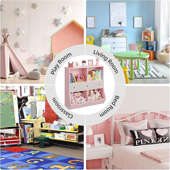 GAOMON 3-Tier Kids Bookshelf & Toy Storage Organizer - Wooden Bookcase with 6 Drawers, 8 Cubby Shelves, Anti-Tip Safety Design - Nursery, Playroom, Children's Room -2 Set Pink
