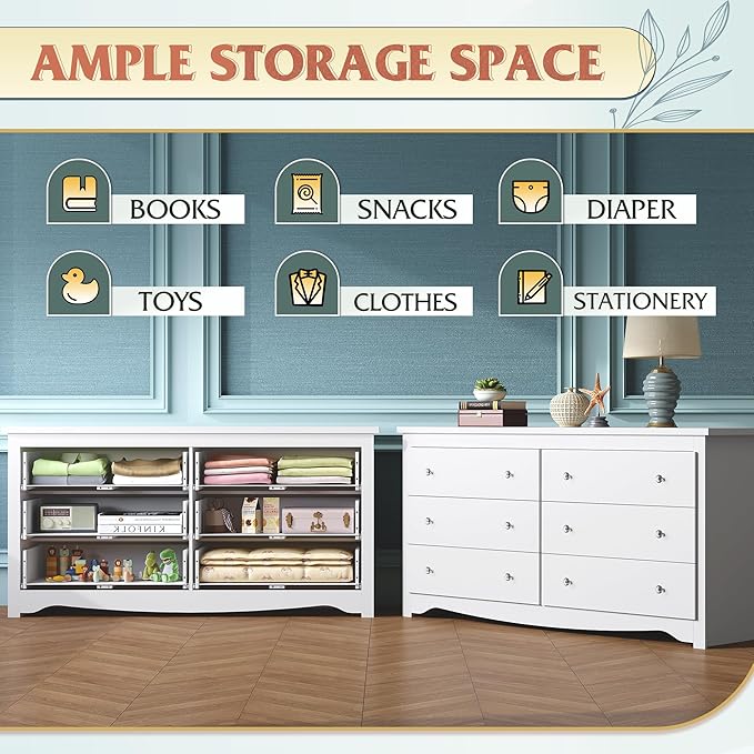 WLIVE White Dresser for Bedroom, 59“ Wide Chest of Drawers with 6 Drawer, Wood Long Nightstand with Drawers, Modern Large Storage Tower Unit, Closet Store Organizer for Living Room, Hallway